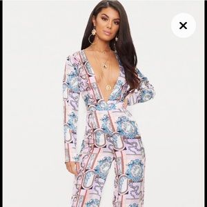 Lilac Scarf Print Long Sleeve Plunge Jumpsuit